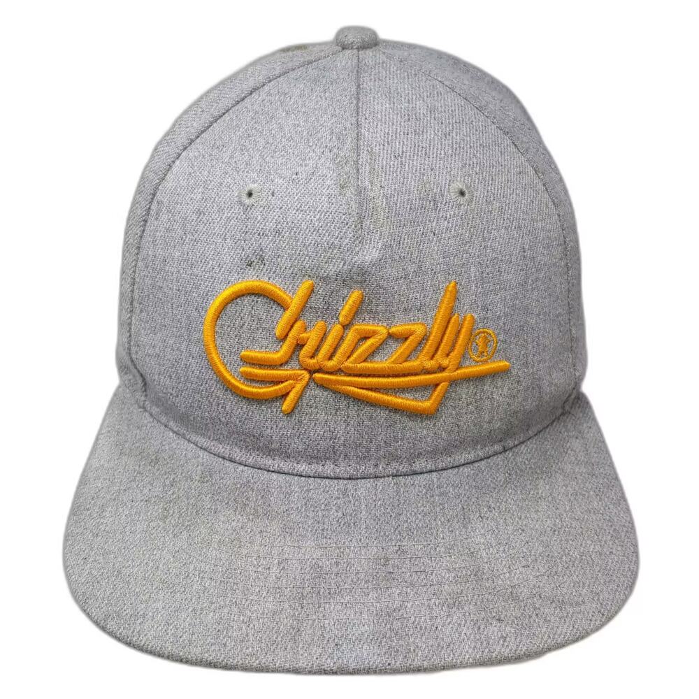 Grizzly 5 Panel Cap Gray Snapback Hat OS Embroidered Script Flat Brim Adjustable